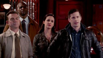 BROOKLYN NINE-NINE -- "Blue Flu" Episode 803 -- Pictured in this screen grab: (l-r) Joe Lo Truglio as Charles Boyle, Melissa Fumero as Amy Santiago, Andy Samberg as Jake Peralta -- (Photo by: NBC)