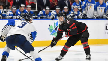 EDMONTON, AB - AUGUST 20: Connor Bedard #16 of Canada skates during the game against Finland in the IIHF World Junior Championship on August 20, 2022 at Rogers Place in Edmonton, Alberta, Canada (Photo by Andy Devlin/ Getty Images)