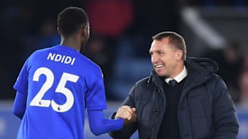 LEICESTER, ENGLAND - JANUARY 04: Brendan Rodgers, Manager of Leicester City celebrates with Wilfred Ndidi of Leicester City following the FA Cup Third Round match between Leicester City and Wigan Athletic at The King Power Stadium on January 04, 2020 in Leicester, England. (Photo by Michael Regan/Getty Images)