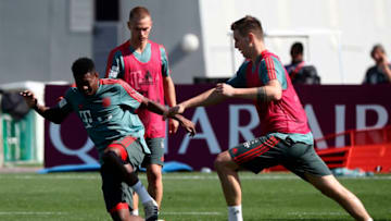 David Alaba and Niklas Sule in training for Bayern Munich. (Photo by KARIM JAAFAR / AFP) (Photo credit should read KARIM JAAFAR/AFP via Getty Images)