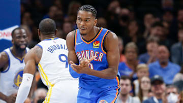 OKC Thunder guard Shai Gilgeous-Alexander (2) celebrates after scoring : Alonzo Adams-USA TODAY Sports