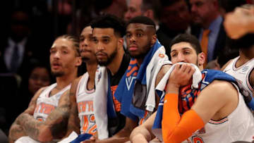 New York Knicks bench. (Photo by Elsa/Getty Images)