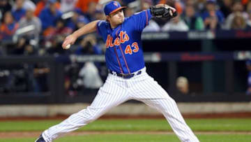Nov 1, 2015; New York City, NY, USA; New York Mets relief pitcher Addison Reed throws a pitch against the Kansas City Royals in the 12th inning in game five of the World Series at Citi Field. Mandatory Credit: Brad Penner-USA TODAY Sports