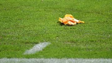 Oct 4, 2020; Miami Gardens, Florida, USA; A general view of a referee’s yellow penalty flag lays on the field during the second half between the Miami Dolphins and the Seattle Seahawks at Hard Rock Stadium. Mandatory Credit: Jasen Vinlove-USA TODAY Sports