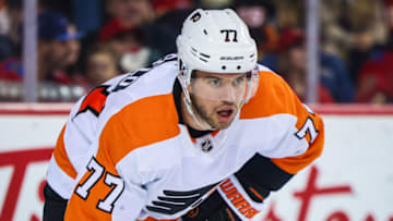 Feb 20, 2023; Calgary, Alberta, CAN; Philadelphia Flyers defenseman Tony DeAngelo (77) against the Calgary Flames during the second period at Scotiabank Saddledome. Mandatory Credit: Sergei Belski-USA TODAY Sports
