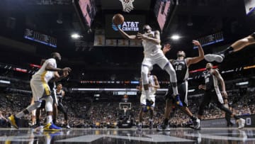 SAN ANTONIO, TX - APRIL 22: Kevin Durant #35 of the Golden State Warriors goes to the basket against the San Antonio Spurs in Game Four of the Western Conference Quarterfinals during the 2018 NBA Playoffs on April 22, 2018 at the AT&T Center in San Antonio, Texas. NOTE TO USER: User expressly acknowledges and agrees that, by downloading and/or using this photograph, user is consenting to the terms and conditions of the Getty Images License Agreement. Mandatory Copyright Notice: Copyright 2018 NBAE (Photos by Mark Sobhani/NBAE via Getty Images)