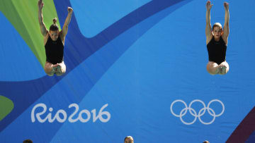 RIO DE JANEIRO, BRAZIL - AUGUST 05: Tina Punzel and Nora Subschinski of Germany in action during synchronised diving training at the Maria Lenk Aquatics Centre in Rio de Janerio on August 5, 2016 in Rio de Janeiro, Brazil. (Photo by Adam Pretty/Getty Images)