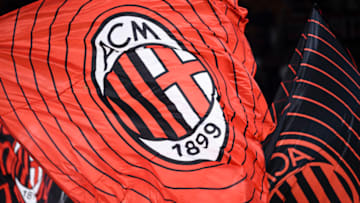 STADIO GIUSEPPE MEAZZA, MILAN, ITALY - 2023/06/04: A flag bearing the crest of AC Milan is waved during the farewell ceremony of Zlatan Ibrahimovic following Serie A football match between AC Milan and Hellas Verona FC. AC Milan won 3-1 over Hellas Verona FC. (Photo by Nicolò Campo/LightRocket via Getty Images)