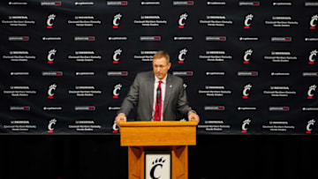 Cincinnati Bearcats head football coach Scott Satterfield speaks during a press conference at Fifth Third Arena. The Enquirer.