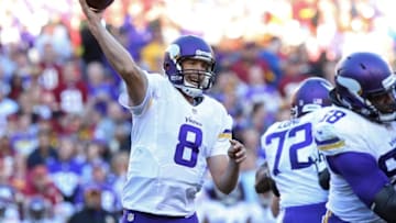 Nov 13, 2016; Landover, MD, USA; Minnesota Vikings quarterback Sam Bradford (8) throws the ball against the Washington Redskins in the fourth quarter at FedEx Field. The Redskins won 26-20. Mandatory Credit: Geoff Burke-USA TODAY Sports