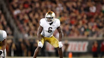 LOUISVILLE, KY - SEPTEMBER 02: Jeremiah Owusu-Koramoah #6 of the Notre Dame Fighting Irish in action on defense during a game against the Louisville Cardinals at Cardinal Stadium on September 2, 2019 in Louisville, Kentucky. Notre Dame defeated Louisville 35-17. (Photo by Joe Robbins/Getty Images)