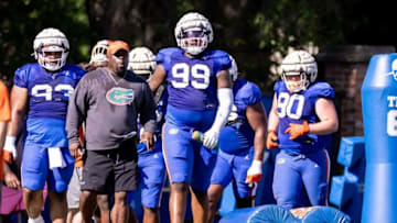 Florida Gators defensive lineman Cam Jackson (99) walks to next drill location during spring football practice at Sanders Outdoor Practice Fields in Gainesville, FL on Thursday, March 23, 2023. [Matt Pendleton/Gainesville Sun]Ncaa Football Florida Gators Spring Football Practice