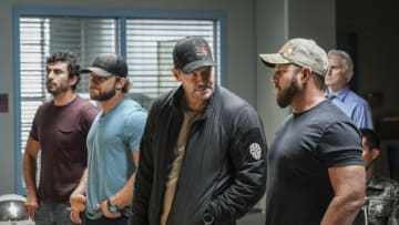 “Trust, But Verify: Part 1” – Everyone on Bravo is shocked when they learn a training exercise is really cover for a covert mission to get a weapons expert out of one of the most dangerous countries in the world, on the fifth season premiere of SEAL TEAM, Sunday, Oct. 10 (10:00-11:00 PM, ET/PT) on the CBS Television Network, and available to stream live and on demand on Paramount+.Pictured L to R: Justin Melnick as Brock Reynolds, Max Thieriot as Clay Spenser, David Boreanaz as Jason Hayes, AJ Buckley as Sonny Quinn. Photo: Ron P. Jaffe/CBS ©2021 CBS Broadcasting, Inc. All Rights Reserved.