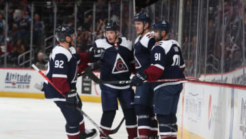 DENVER, COLORADO - OCTOBER 05: Mikko Rantanen #96 of the Colorado Avalanche celebrates with teammates Gabriel Landeskog #92, Cale Makar #8 and Nazem Kadri #91 after scoring a goal against the Minnesota Wild at Pepsi Center on October 05, 2019 in Denver, Colorado. (Photo by Michael Martin/NHLI via Getty Images)