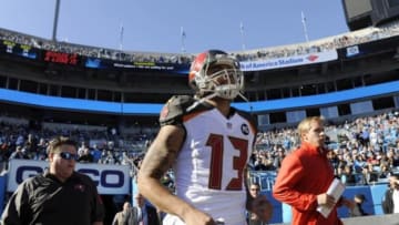Dec 14, 2014; Charlotte, NC, USA; Tampa Bay Buccaneers wide receiver Mike Evans (13) takes to the field before the first half of the game against the Carolina Panthers at Bank of America Stadium. Mandatory Credit: Sam Sharpe-USA TODAY Sports