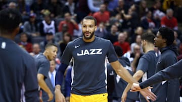 TORONTO, ON - DECEMBER 01: Rudy Gobert #27 of the Utah Jazz is introduced prior to an NBA game against the Toronto Raptors at Scotiabank Arena on December 01, 2019 in Toronto, Canada. NOTE TO USER: User expressly acknowledges and agrees that, by downloading and or using this photograph, User is consenting to the terms and conditions of the Getty Images License Agreement. (Photo by Vaughn Ridley/Getty Images)