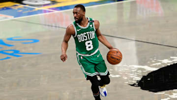 NEW YORK, NEW YORK - MAY 25: Kemba Walker #8 of the Boston Celtics handles the ball against the Brooklyn Nets in Game Two of the First Round of the 2021 NBA Playoffs at Barclays Center on May 25, 2021 in New York City. NOTE TO USER: User expressly acknowledges and agrees that, by downloading and or using this photograph, User is consenting to the terms and conditions of the Getty Images License Agreement. (Photo by Steven Ryan/Getty Images)
