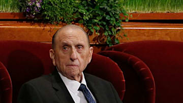 SALT LAKE CITY, UT - APRIL 2: President Thomas Monson, waits for the start of the 186th Annual General Conference of the Church of Jesus Christ of Latter-Day Saints on April 2, 2016 in Salt Lake City, Utah. Mormons from around the world will gather in Salt Lake City to hear direction from church leaders at the two day conference. (Photo by George Frey/Getty Images