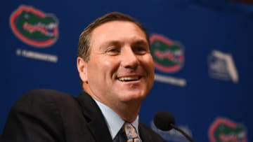 GAINESVILLE, FL - NOVEMBER 27: Florida Gators head football coach Dan Mullen speaks during an introductory press conference at the Bill Heavener football complex on November 27, 2017 in Gainesville, Florida. (Photo by Rob Foldy/Getty Images)