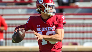 Oct 30, 2021; Norman, Oklahoma, USA; Oklahoma Sooners quarterback Caleb Williams (13) warms up before the game against the Texas Tech Red Raiders at Gaylord Family-Oklahoma Memorial Stadium. Mandatory Credit: Kevin Jairaj-USA TODAY Sports