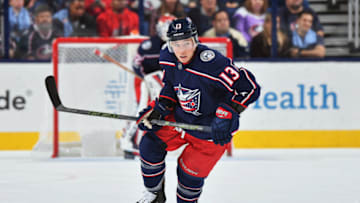 COLUMBUS, OH - OCTOBER 21: Cam Atkinson #13 of the Columbus Blue Jackets skates against the Los Angeles Kings on October 21, 2017 at Nationwide Arena in Columbus, Ohio. (Photo by Jamie Sabau/NHLI via Getty Images)
