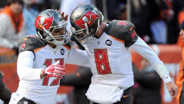 Nov 2, 2014; Cleveland, OH, USA; Tampa Bay Buccaneers wide receiver Mike Evans (13) and Tampa Bay Buccaneers quarterback Mike Glennon (8) celebrate Evans