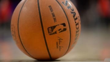 Apr 1, 2014; Los Angeles, CA, USA; The NBA game ball on the court during the game between the Los Angeles Lakers and the Portland Trail Blazers at Staples Center. Trail Blazers won 124-112. Mandatory Credit: Jayne Kamin-Oncea-USA TODAY Sports