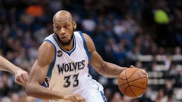 Dec 18, 2015; Minneapolis, MN, USA; Minnesota Timberwolves forward Adreian Payne (33) dribbles in the third quarter against the Sacramento Kings at Target Center. The Minnesota Timberwolves beat the Sacramento Kings 99-95. Mandatory Credit: Brad Rempel-USA TODAY Sports