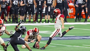 Dec 19, 2020; Arlington, Texas, USA; Oklahoma Sooners place kicker Gabe Brkic (47) kicks a field goal during the game against the Iowa State Cyclones at AT&T Stadium. Mandatory Credit: Kevin Jairaj-USA TODAY Sports