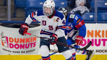 PLYMOUTH, MI - DECEMBER 11: Jake Sanderson #48 of the U.S. Nationals follows the play against the Slovakia Nationals during game two of day one of the 2018 Under-17 Four Nations Tournament game at USA Hockey Arena on December 11, 2018 in Plymouth, Michigan. USA defeated Slovakia 7-2. (Photo by Dave Reginek/Getty Images)