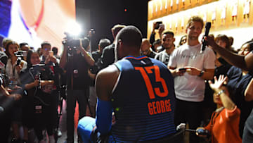 LOS ANGELES, CA - SEPTEMBER 15: Paul George #13 of the Oklahoma City Thunder speaks to the media during the Nike Innovation Summit in Los Angeles, California on September 15, 2017. NOTE TO USER: User expressly acknowledges and agrees that, by downloading and or using this photograph, User is consenting to the terms and conditions of the Getty Images License Agreement. Mandatory Copyright Notice: Copyright 2017 NBAE (Photo by Andrew D. Bernstein/NBAE via Getty Images)