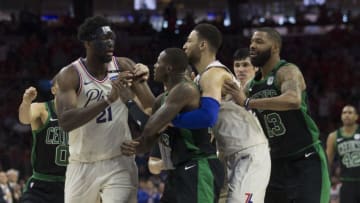 PHILADELPHIA, PA - MAY 7: Joel Embiid #21 of the Philadelphia 76ers gets into an altercation with Terry Rozier #12 of the Boston Celtics as Jayson Tatum #0 and Marcus Morris #13 of the Boston Celtics and Ben Simmons #25 of the Philadelphia 76ers try to break them up in the second quarter during Game Four of the Eastern Conference Second Round of the 2018 NBA Playoffs at Wells Fargo Center on May 7, 2018 in Philadelphia, Pennsylvania. NOTE TO USER: User expressly acknowledges and agrees that, by downloading and or using this photograph, User is consenting to the terms and conditions of the Getty Images License Agreement. (Photo by Mitchell Leff/Getty Images)