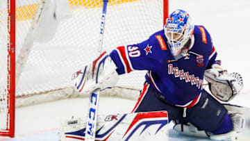 PETERSBURG, RUSSIA - JANUARY 17, 2019: SKA St Petersburg's goalie Igor Shestyorkin defends the net in the 2018/19 KHL Regular Season ice hockey match between SKA St Petersburg and Dynamo Moscow at the Ice Palace. Alexander Demianchuk/TASS (Photo by Alexander DemianchukTASS via Getty Images)