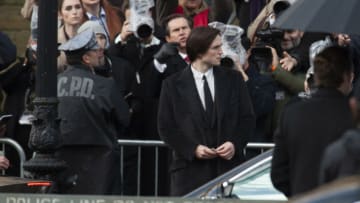 LIVERPOOL, ENGLAND - OCTOBER 13: British actor Robert Pattinson pictured during filming of The Batman movie which is taking place outside St. George's Hall, on October 13, 2020 in Liverpool, England. The Batman is an upcoming American superhero film based on the DC Comics character of the same name. Produced by DC Films and distributed by Warner Bros. Pictures, it is a reboot of the Batman film franchise directed by Matt Reeves. (Photo by Colin McPherson/Getty Images)