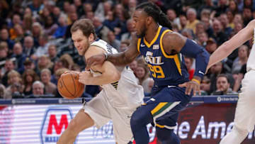 INDIANAPOLIS, IN - MARCH 07: Bojan Bogdanovic #44 of the Indiana Pacers dribbles past Jae Crowder #99 of the Utah Jazz at Bankers Life Fieldhouse on March 7, 2018 in Indianapolis, Indiana. NOTE TO USER: User expressly acknowledges and agrees that, by downloading and or using this photograph, User is consenting to the terms and conditions of the Getty Images License Agreement.(Photo by Michael Hickey/Getty Images)