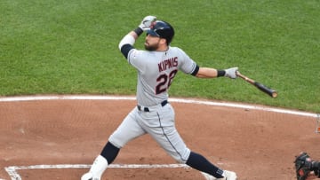 BALTIMORE, MD - JUNE 28: Jason Kipnis #22 of the Cleveland Indians takes a swing during a baseball game against the Baltimore Orioles at Oriole Park at Camden Yards on June 28, 2019 in Baltimore, Maryland. (Photo by Mitchell Layton/Getty Images)