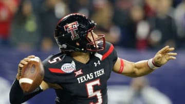 Dec 29, 2015; Houston, TX, USA; Texas Tech Red Raiders quarterback Patrick Mahomes (5) passes against the LSU Tigers at NRG Stadium. LSU won 56 to 27. Mandatory Credit: Thomas B. Shea-USA TODAY Sports