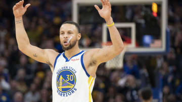 May 9, 2022; San Francisco, California, USA; Golden State Warriors guard Stephen Curry (30) celebrates against the Memphis Grizzlies during the third quarter of game four of the second round for the 2022 NBA playoffs at Chase Center. Mandatory Credit: Kyle Terada-USA TODAY Sports