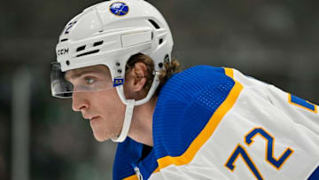 Jan 23, 2023; Dallas, Texas, USA; Buffalo Sabres center Tage Thompson (72) waits for the face-off against the Dallas Stars during the third period at the American Airlines Center. Mandatory Credit: Jerome Miron-USA TODAY Sports