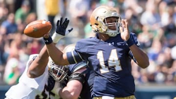 Apr 16, 2016; South Bend, IN, USA; Notre Dame Fighting Irish quarterback DeShone Kizer (14) throws in the first quarter of the Blue-Gold Game at Notre Dame Stadium. Mandatory Credit: Matt Cashore-USA TODAY Sports