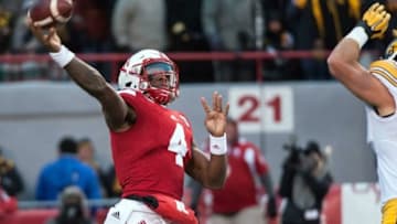 Nov 27, 2015; Lincoln, NE, USA; Nebraska Cornhuskers quarterback Tommy Armstrong Jr. (4) throws a pass against the Iowa Hawkeyes during the second half at Memorial Stadium. Iowa won 28-20. Mandatory Credit: Jeffrey Becker-USA TODAY Sports