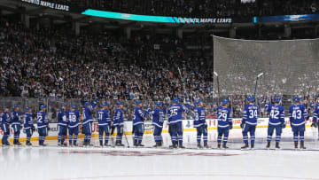 TORONTO, ON - OCTOBER 7: The Toronto Maple Leafs salute the crowd prior to playing against the New York Rangers in an NHL game at the Air Canada Centre on October 7, 2017 in Toronto, Ontario. The Maple Leafs defeated the Rangers 8-5. (Photo by Claus Andersen/Getty Images) *** Local Caption ***