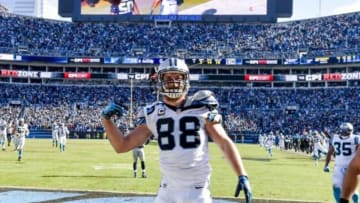 Jan 17, 2016; Charlotte, NC, USA; Carolina Panthers tight end Greg Olsen (88) scores a touchdown over the Seattle Seahawks during the second quarter in a NFC Divisional round playoff game at Bank of America Stadium. Mandatory Credit: John David Mercer-USA TODAY Sports