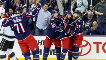 COLUMBUS, OH - OCTOBER 21: Columbus Blue Jackets left wing Nick Foligno (71), Columbus Blue Jackets center Boone Jenner (38) and Columbus Blue Jackets defenseman David Savard (58) celebrate with Columbus Blue Jackets right wing Oliver Bjorkstrand (28) after scoring a goal during the first period in a game between the Columbus Blue Jackets and the Los Angeles Kings on October 21, 2017, at Nationwide Arena in Columbus, OH. (Photo by Adam Lacy/Icon Sportswire via Getty Images)