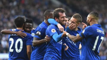 LEICESTER, ENGLAND - OCTOBER 22: Christian Fuchs of Leicester City (C) celebrates scoring his sides third goal with his Leicester City team mates during the Premier League match between Leicester City and Crystal Palace at The King Power Stadium on October 22, 2016 in Leicester, England. (Photo by Michael Regan/Getty Images)