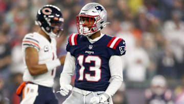 FOXBOROUGH, MASSACHUSETTS - OCTOBER 24: Jack Jones #13 of the New England Patriots reacts after a tackle during the first quarter against the Chicago Bears at Gillette Stadium on October 24, 2022 in Foxborough, Massachusetts. (Photo by Adam Glanzman/Getty Images)