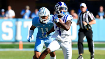 CHAPEL HILL, NC - SEPTEMBER 23: T.J. Rahming #3 of the Duke Blue Devils runs against the North Carolina Tar Heels during their game at Kenan Stadium on September 23, 2017 in Chapel Hill, North Carolina. (Photo by Grant Halverson/Getty Images)