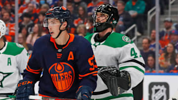 Apr 20, 2022; Edmonton, Alberta, CAN; Edmonton Oilers forward Ryan Nugent-Hopkins (93) tries to screen Dallas Stars goaltender Scott Wedgewood (41) during the third period at Rogers Place. Mandatory Credit: Perry Nelson-USA TODAY Sports