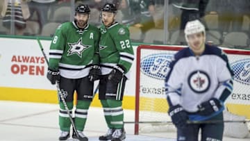 Nov 12, 2015; Dallas, TX, USA; Dallas Stars center Vernon Fiddler (38) and center Colton Sceviour (22) celebrate Fiddler