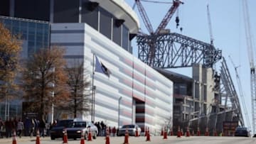 Dec 5, 2015; Atlanta, GA, USA; General view of construction of the Mercedes-Benz Stadium behind the Georgia Dome prior to the 2015 SEC Championship Game between the Alabama Crimson Tide and the Florida Gators. Mandatory Credit: Jason Getz-USA TODAY Sports